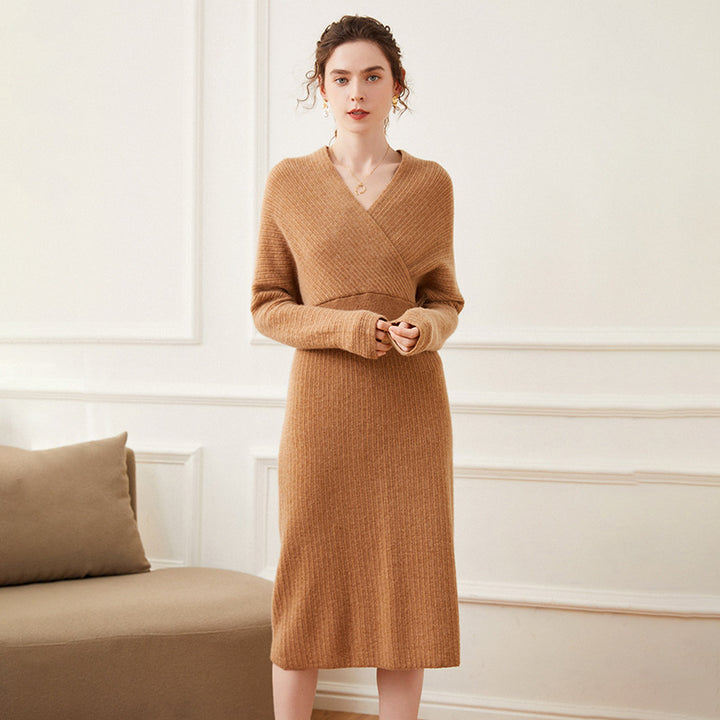 Sexy Ribbed Cashmere Blend Long Sleeve Wrap Dress for Women CP014