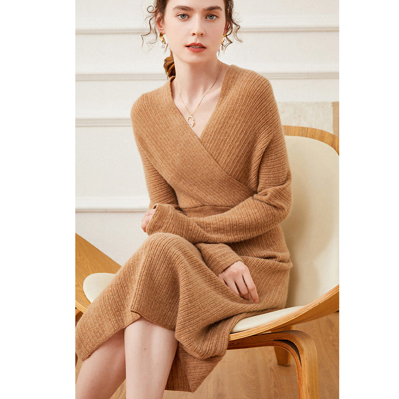 Sexy Ribbed Cashmere Blend Long Sleeve Wrap Dress for Women CP014