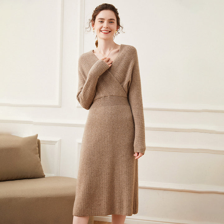 Sexy Ribbed Cashmere Blend Long Sleeve Wrap Dress for Women CP014