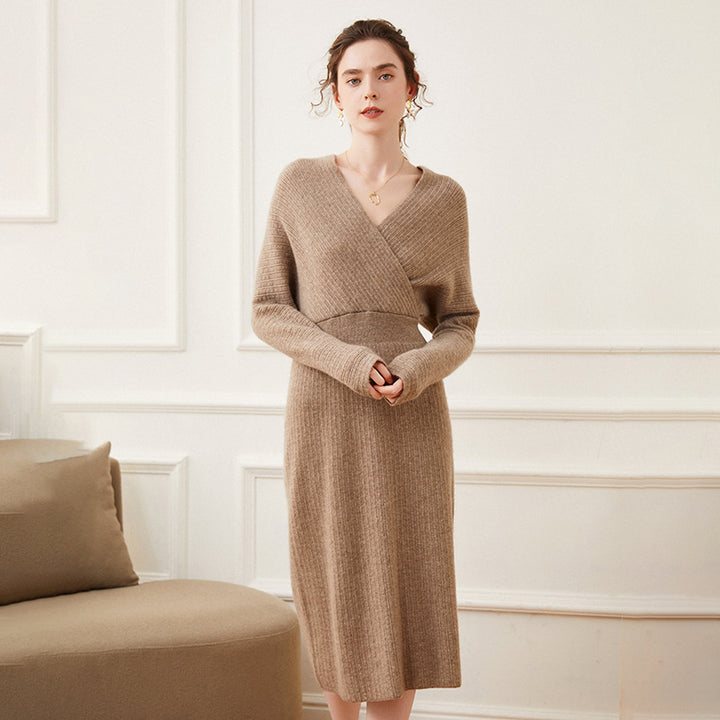 Sexy Ribbed Cashmere Blend Long Sleeve Wrap Dress for Women CP014