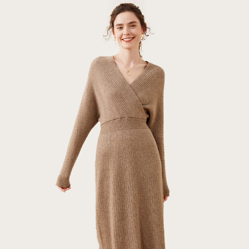 Sexy Ribbed Cashmere Blend Long Sleeve Wrap Dress for Women CP014