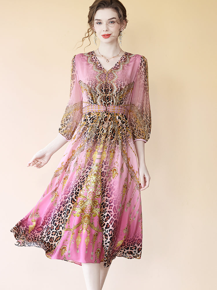 Sexy V-neck Hot Pink Leopard Printed Silk Midi Dress SD075