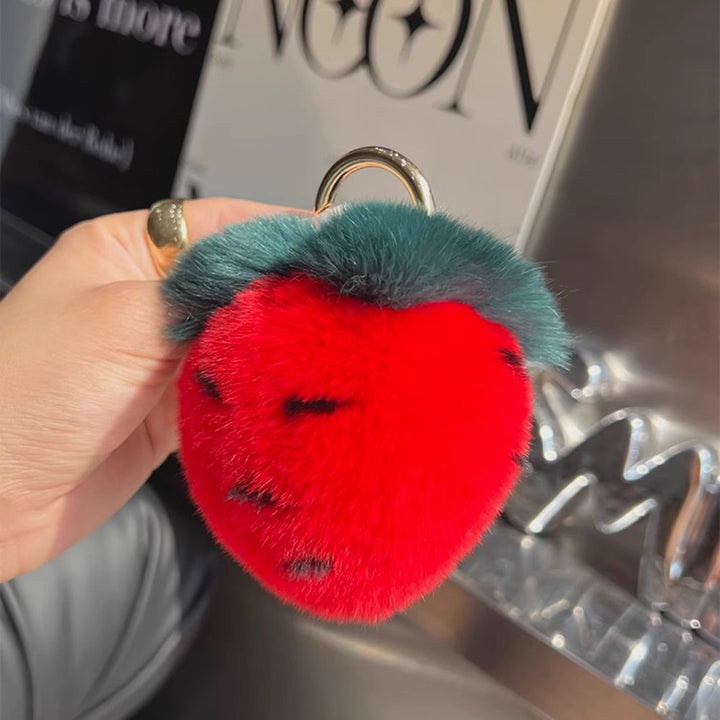 Soft Real Rabbit Fur Pom-Pom Strawberry Keychain Fluffy Bag Charm