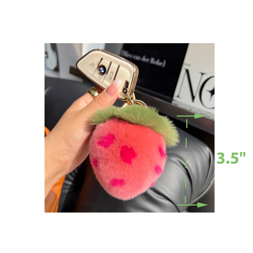 Soft Real Rabbit Fur Pom-Pom Strawberry Keychain Fluffy Bag Charm
