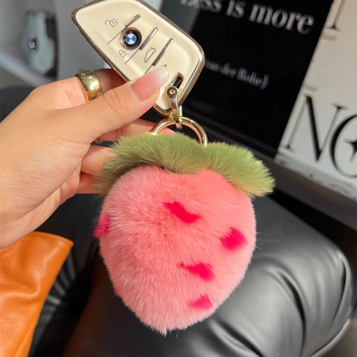 Soft Real Rabbit Fur Pom-Pom Strawberry Keychain Fluffy Bag Charm