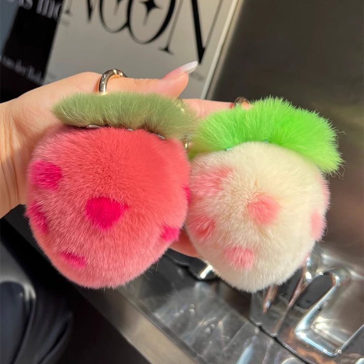 Soft Real Rabbit Fur Pom-Pom Strawberry Keychain Fluffy Bag Charm