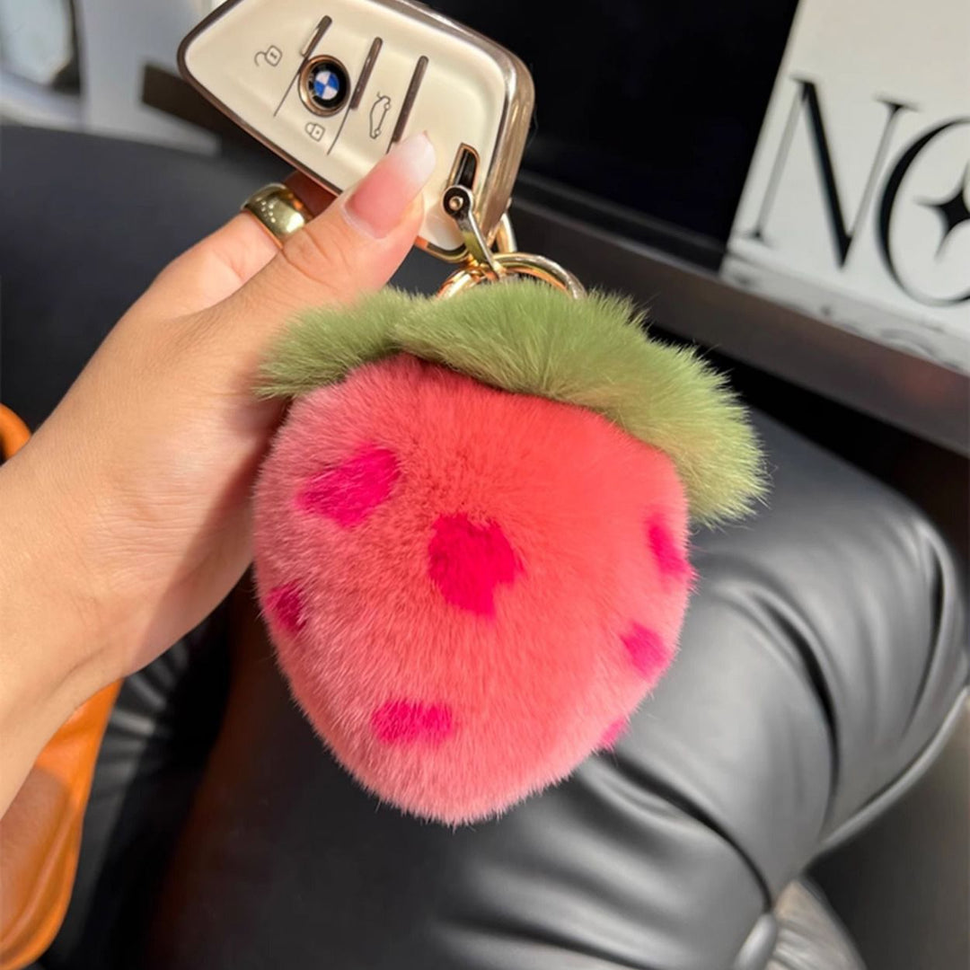 Soft Real Rabbit Fur Pom-Pom Strawberry Keychain Fluffy Bag Charm
