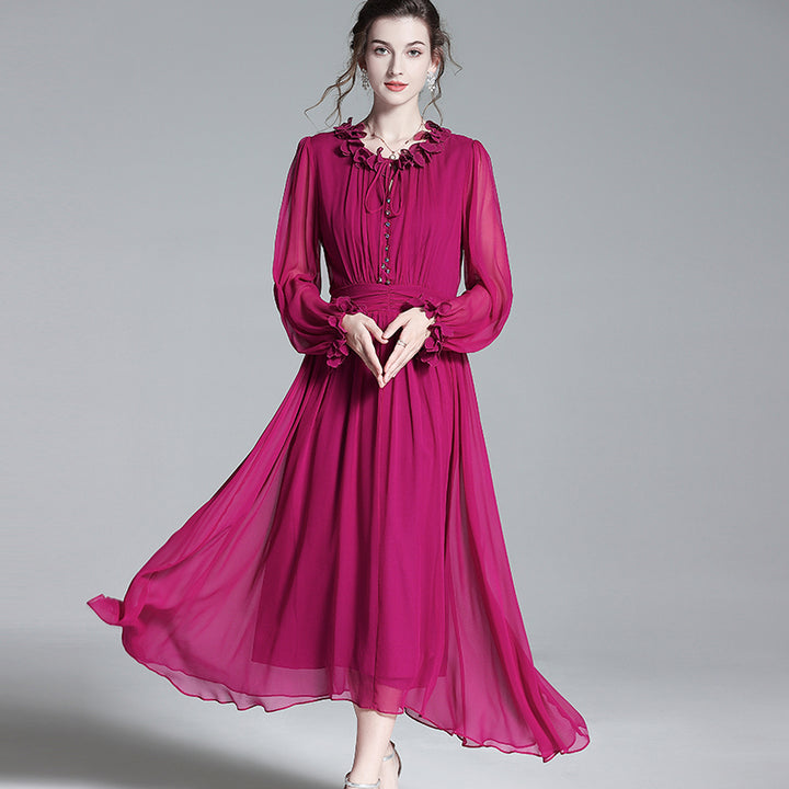 Solid Plum Long Sleeve Ruffle Mulberry Silk Dress SD046