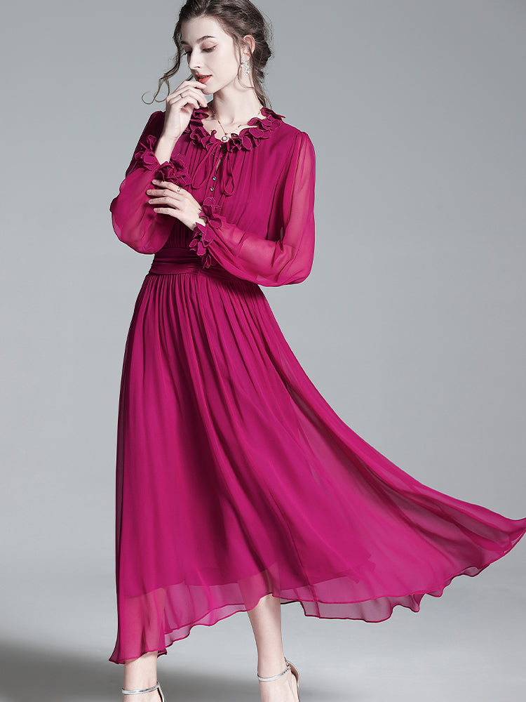 Solid Plum Long Sleeve Ruffle Mulberry Silk Dress SD046