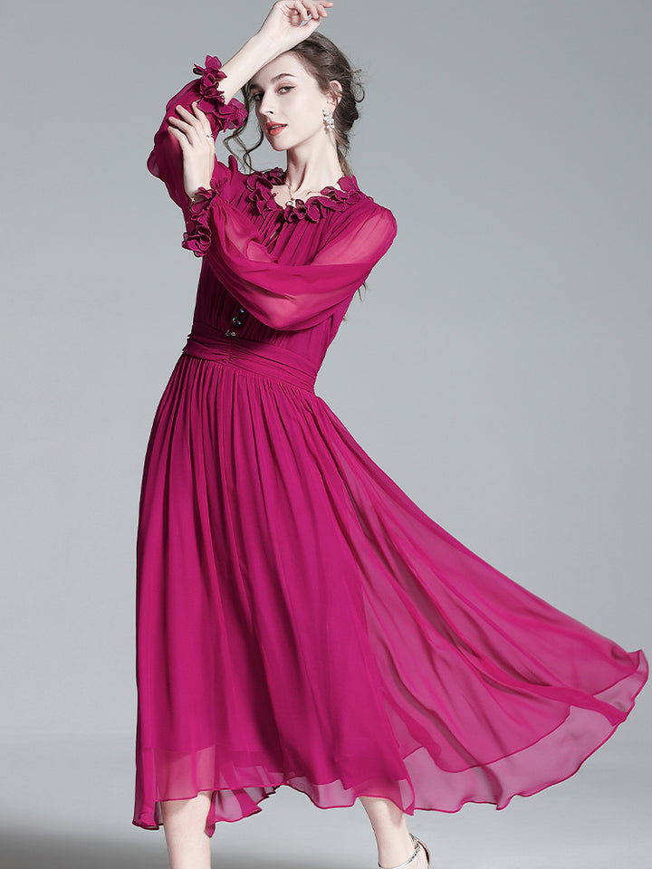 Solid Plum Long Sleeve Ruffle Mulberry Silk Dress SD046