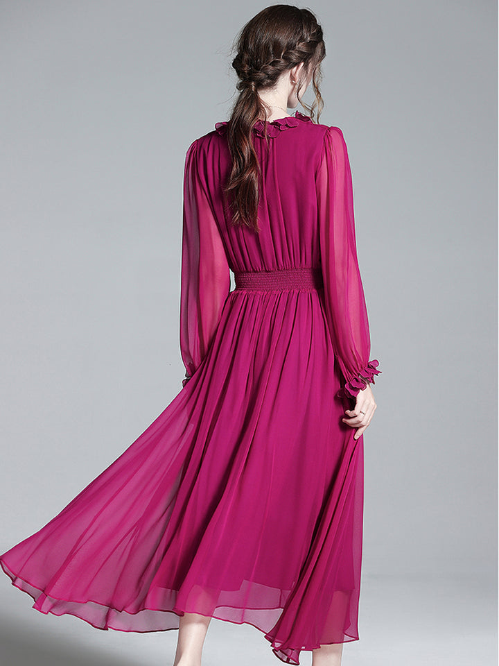 Solid Plum Long Sleeve Ruffle Mulberry Silk Dress SD046