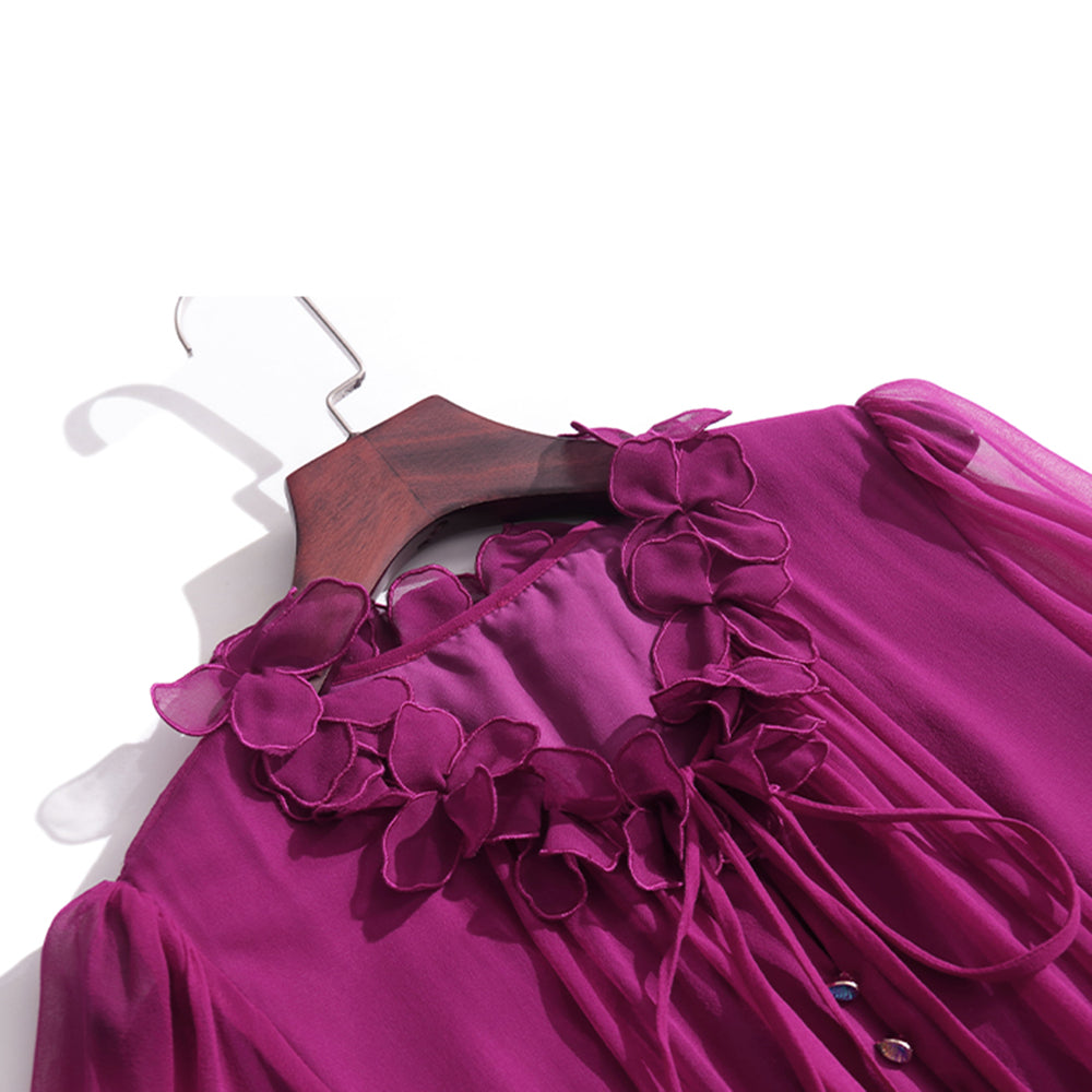 Solid Plum Long Sleeve Ruffle Mulberry Silk Dress SD046