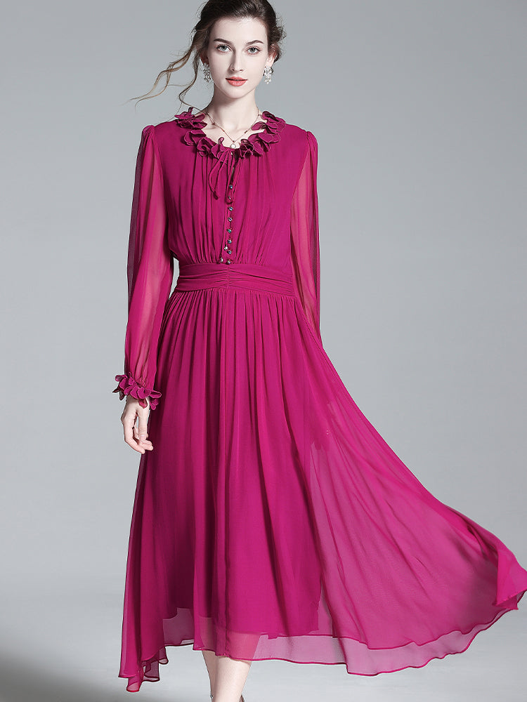 Solid Plum Long Sleeve Ruffle Mulberry Silk Dress SD046