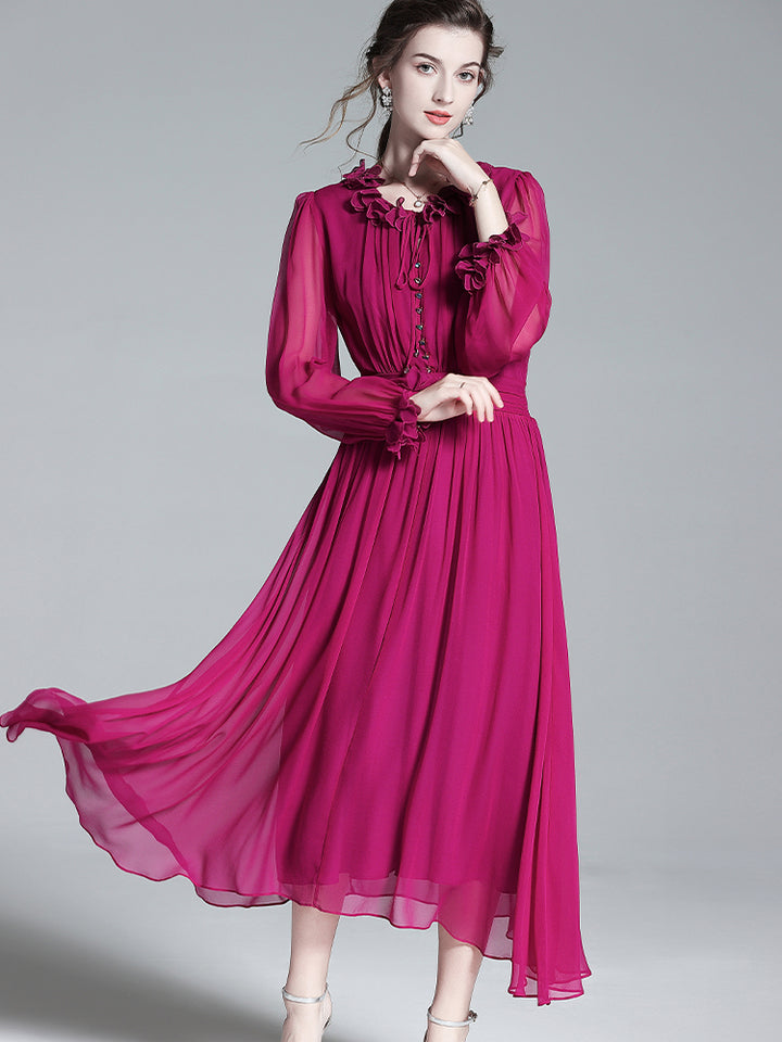 Solid Plum Long Sleeve Ruffle Mulberry Silk Dress SD046