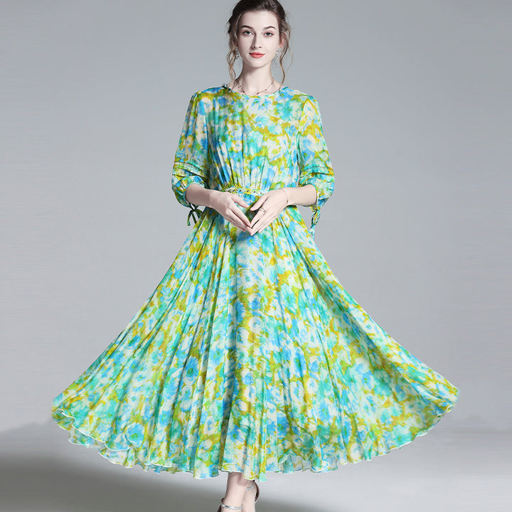 Spring Colorful Round Neck Half Sleeve Long Silk Maxi Dress SD045