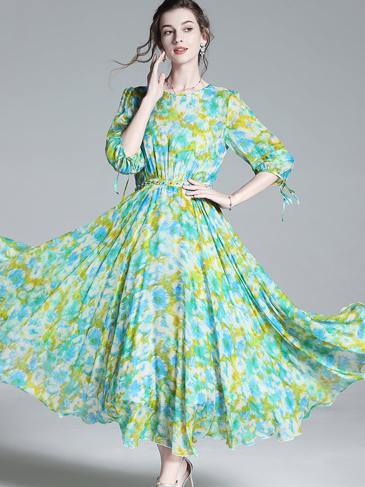 Spring Colorful Round Neck Half Sleeve Long Silk Maxi Dress SD045