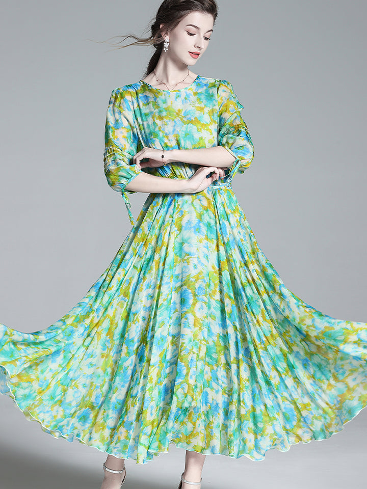 Spring Colorful Round Neck Half Sleeve Long Silk Maxi Dress SD045