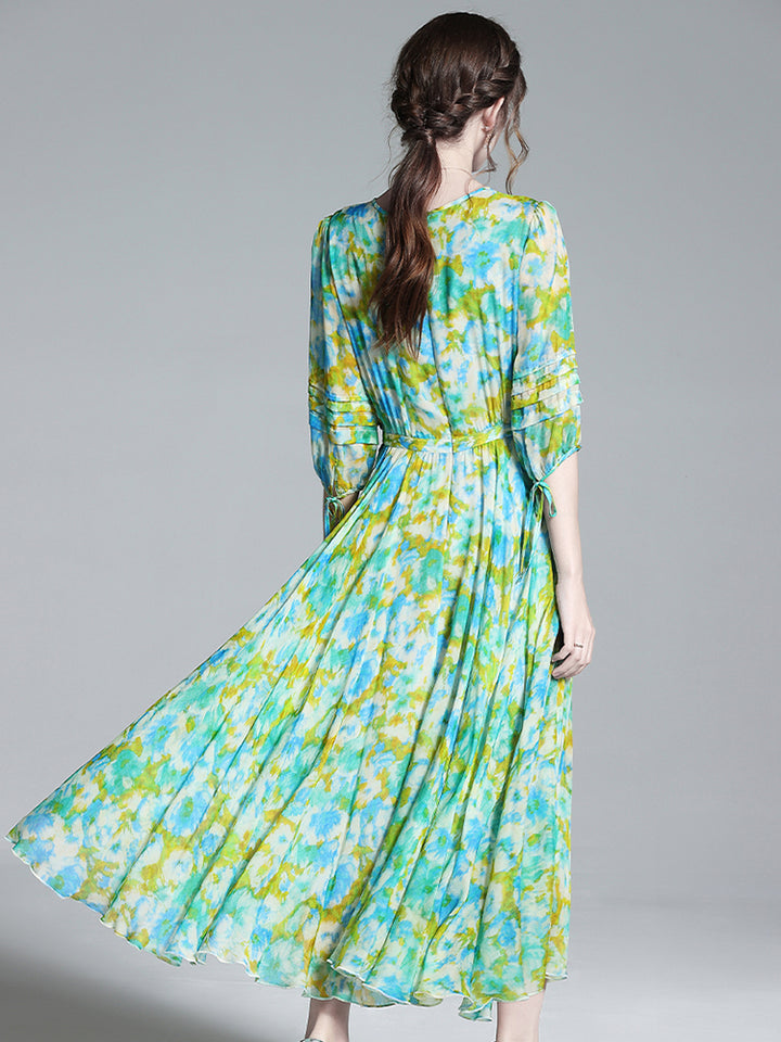 Spring Colorful Round Neck Half Sleeve Long Silk Maxi Dress SD045