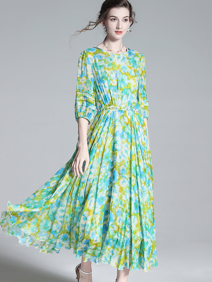 Spring Colorful Round Neck Half Sleeve Long Silk Maxi Dress SD045