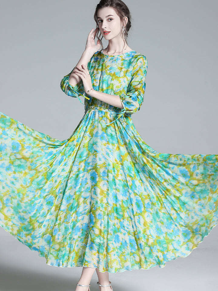 Spring Colorful Round Neck Half Sleeve Long Silk Maxi Dress SD045