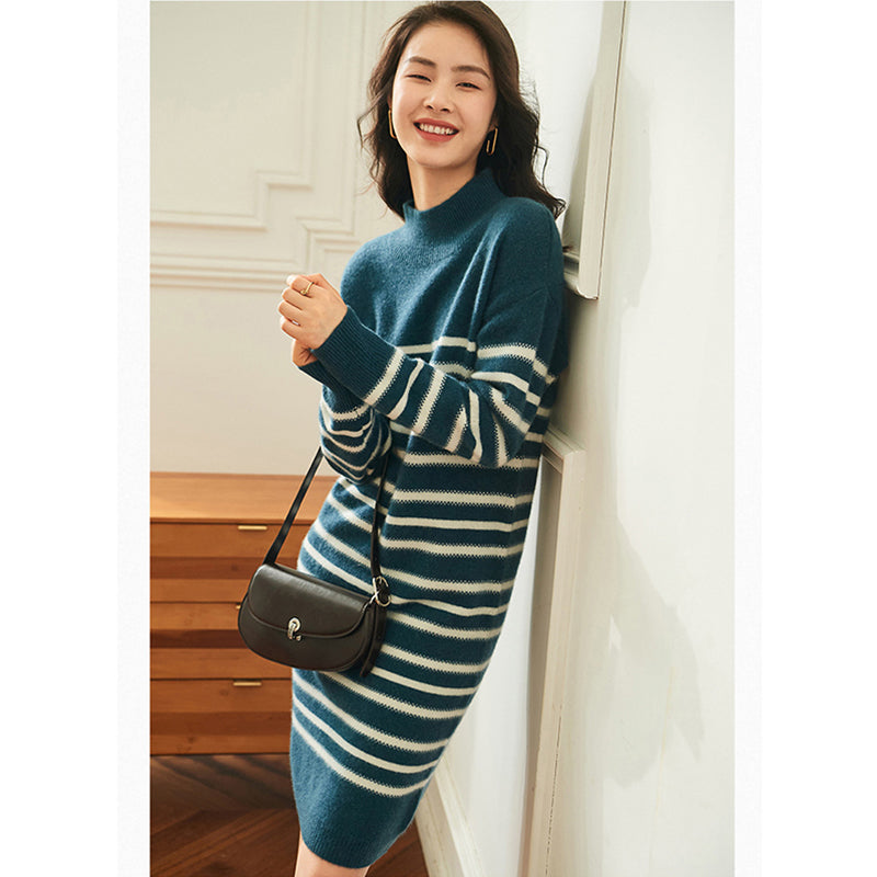 Striped Wool Cashmere Blend Mock Neck Midi Sweater Dress CP015