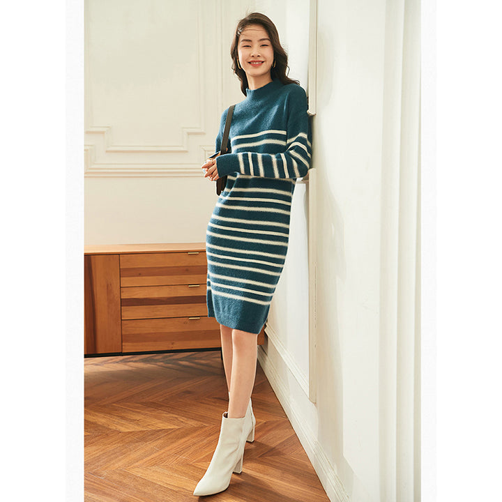 Striped Wool Cashmere Blend Mock Neck Midi Sweater Dress CP015