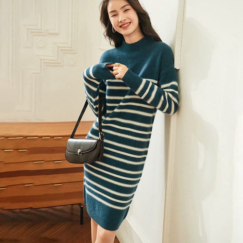 Striped Wool Cashmere Blend Mock Neck Midi Sweater Dress CP015