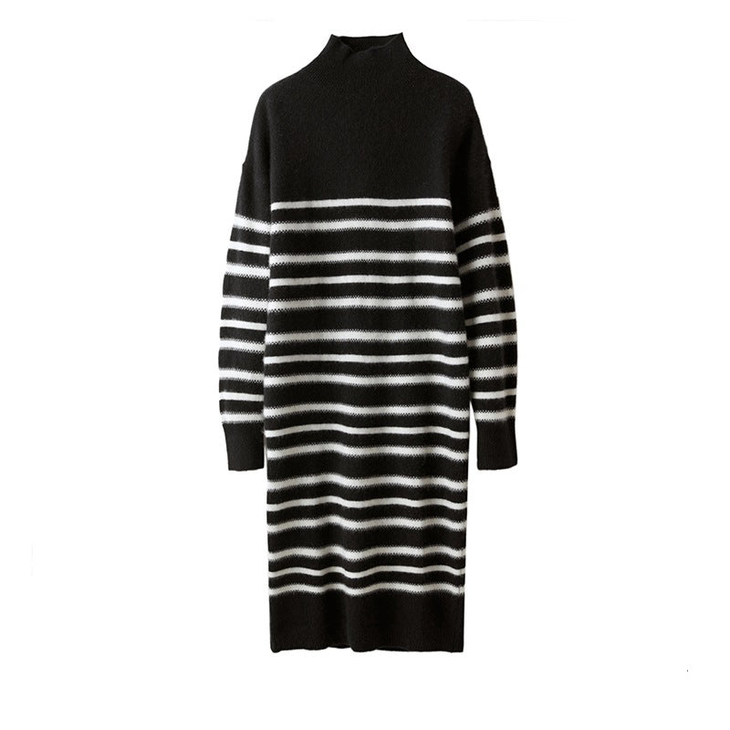 Striped Wool Cashmere Blend Mock Neck Midi Sweater Dress CP015