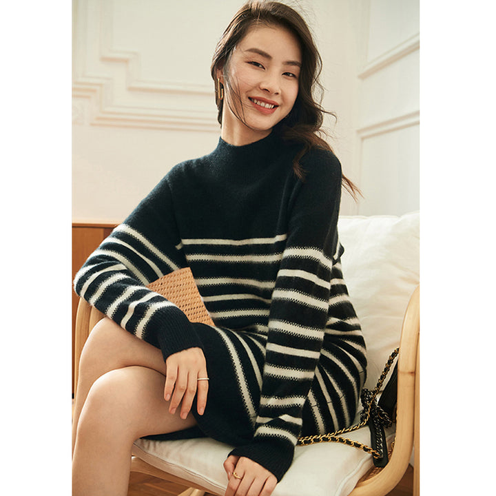 Striped Wool Cashmere Blend Mock Neck Midi Sweater Dress CP015