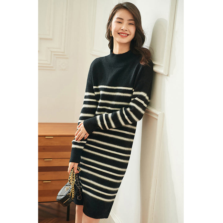 Striped Wool Cashmere Blend Mock Neck Midi Sweater Dress CP015