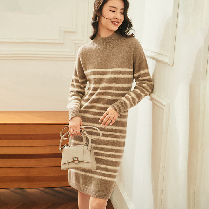 Striped Wool Cashmere Blend Mock Neck Midi Sweater Dress CP015