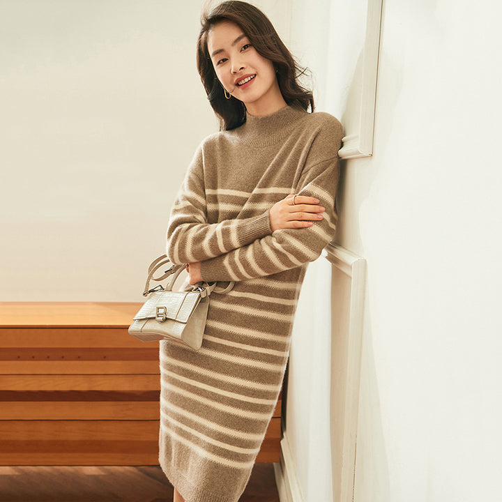 Striped Wool Cashmere Blend Mock Neck Midi Sweater Dress CP015