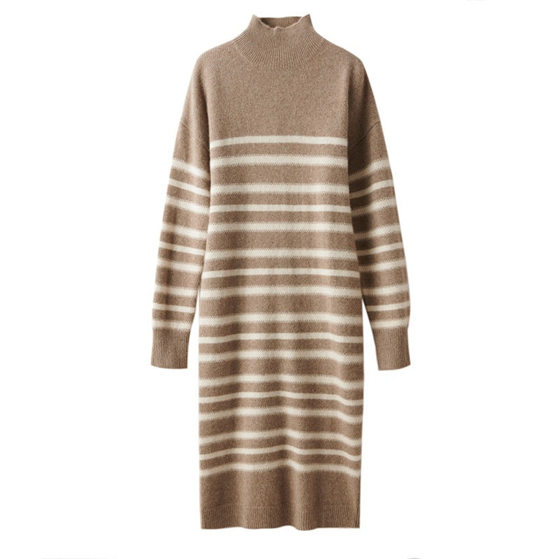 Striped Wool Cashmere Blend Mock Neck Midi Sweater Dress CP015