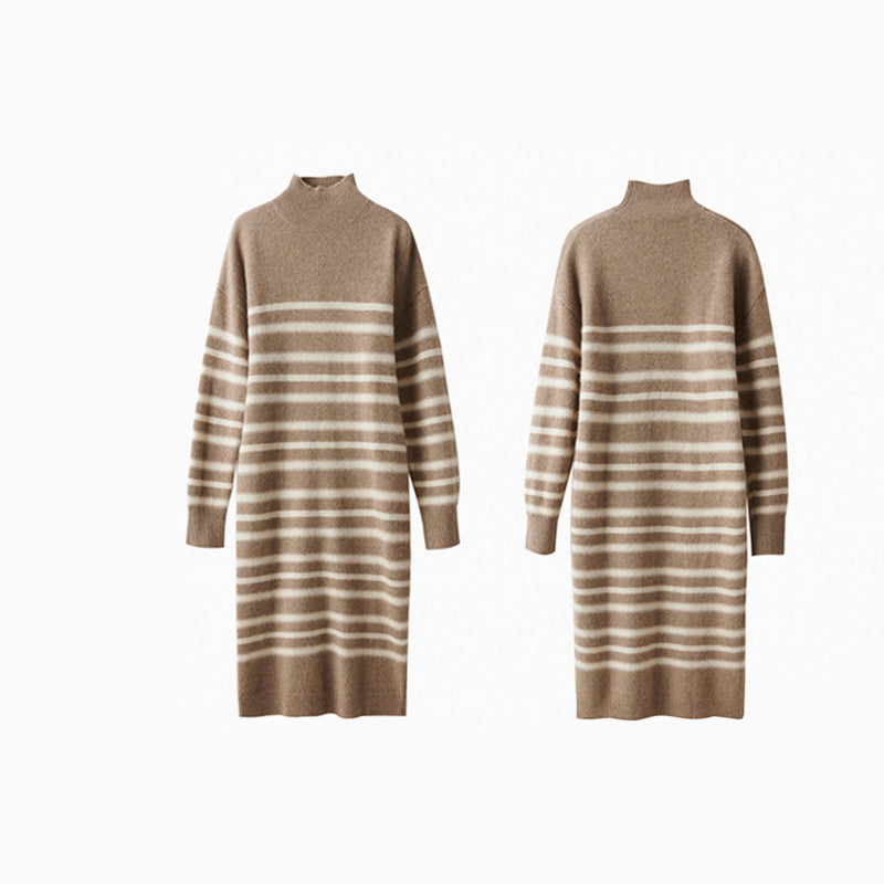 Striped Wool Cashmere Blend Mock Neck Midi Sweater Dress CP015