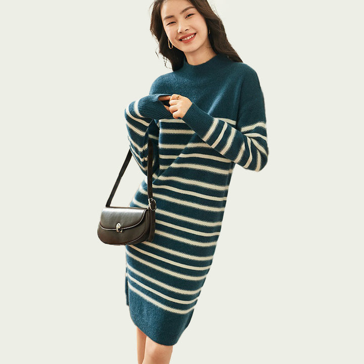 Striped Wool Cashmere Blend Mock Neck Midi Sweater Dress CP015