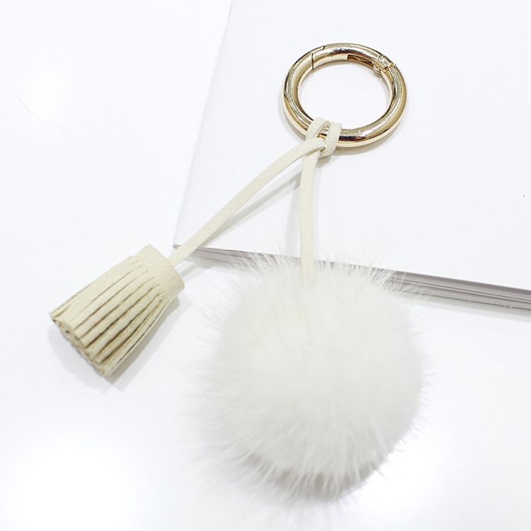 Real Mink Fur Pom Pom Tassel Keychain Fluffy Bag Charm Leather Key Ring