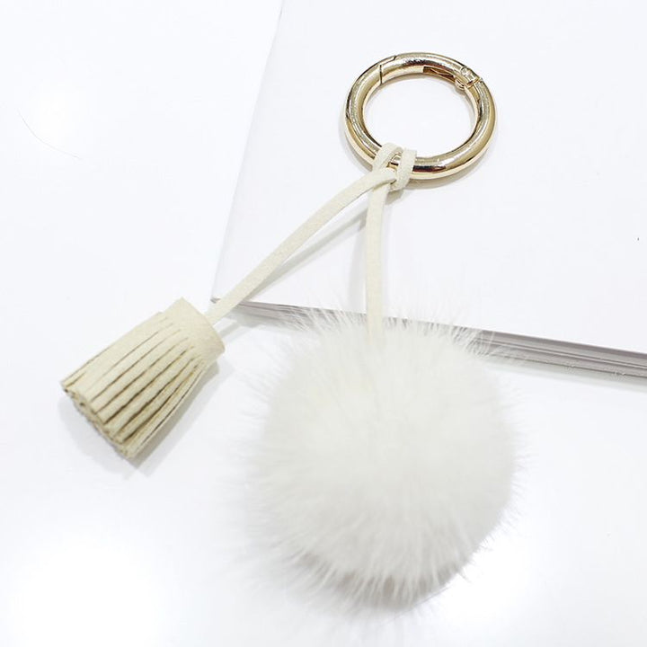 Real Mink Fur Pom Pom Tassel Keychain Fluffy Bag Charm Leather Key Ring