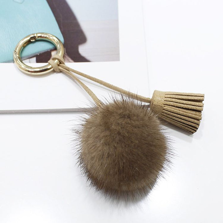 Real Mink Fur Pom Pom Tassel Keychain Fluffy Bag Charm Leather Key Ring