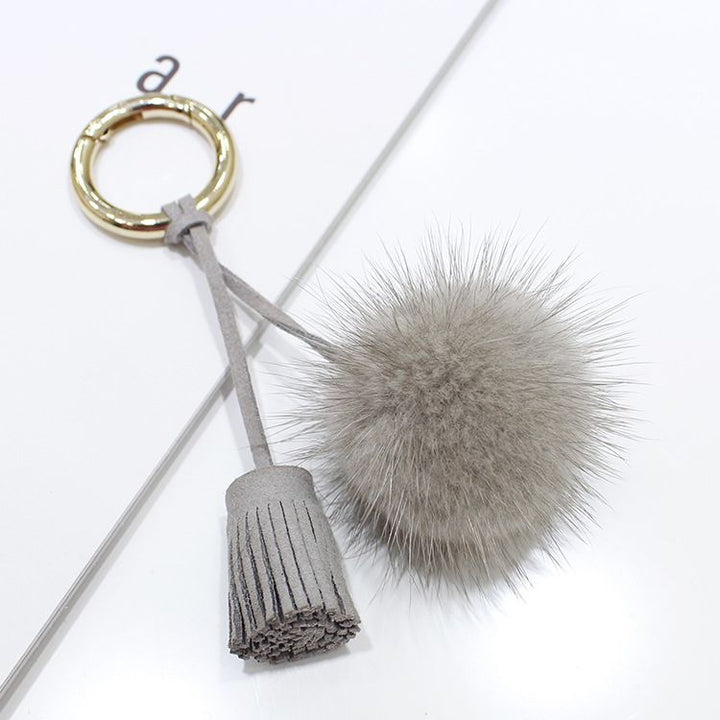 Real Mink Fur Pom Pom Tassel Keychain Fluffy Bag Charm Leather Key Ring