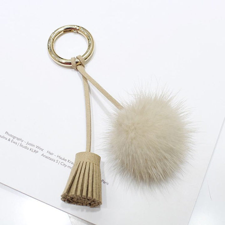 Real Mink Fur Pom Pom Tassel Keychain Fluffy Bag Charm Leather Key Ring