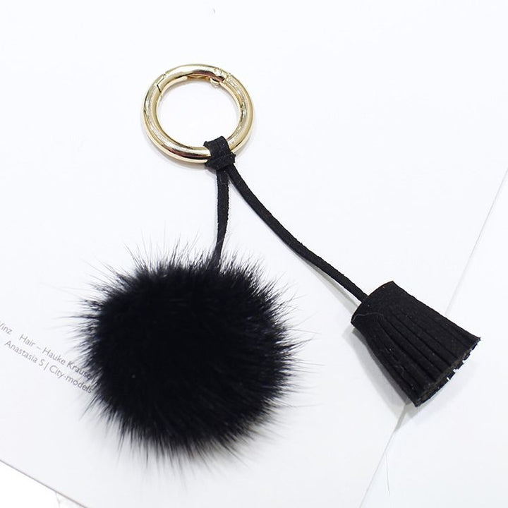 Real Mink Fur Pom Pom Tassel Keychain Fluffy Bag Charm Leather Key Ring