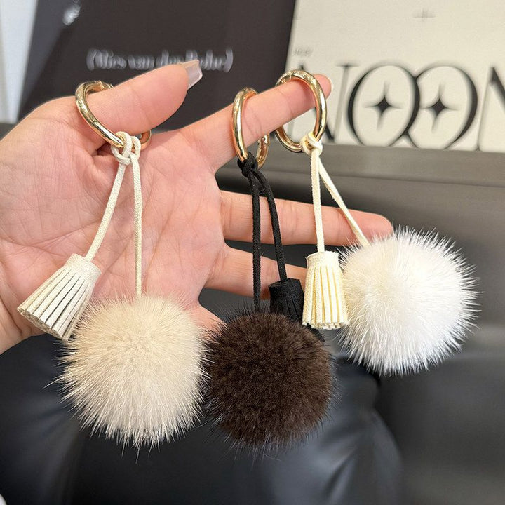 Real Mink Fur Pom Pom Tassel Keychain Fluffy Bag Charm Leather Key Ring