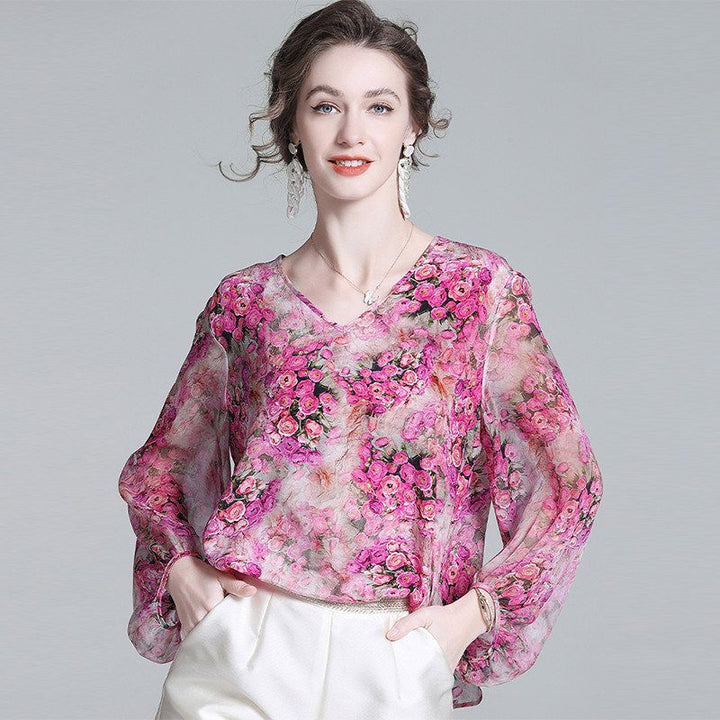 Rose Floral Flowing V-Neck Lightweight Long Sleeve Silk Blouse