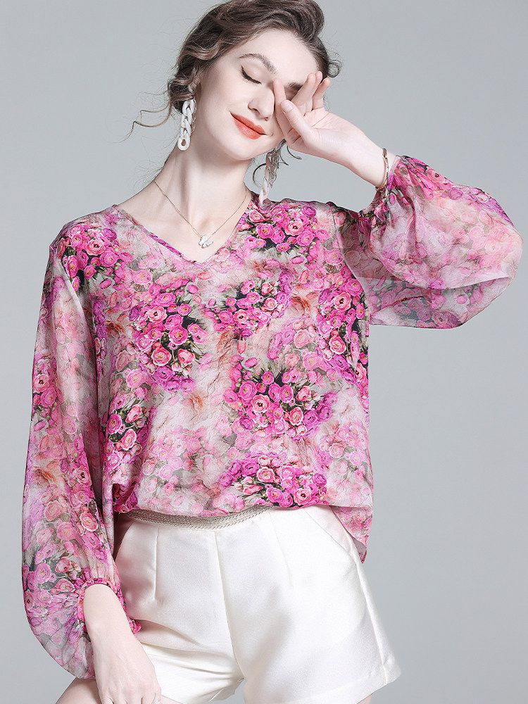 Rose Floral Flowing V-Neck Lightweight Long Sleeve Silk Blouse