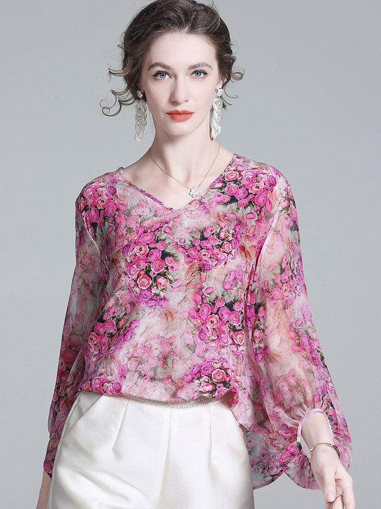 Rose Floral Flowing V-Neck Lightweight Long Sleeve Silk Blouse