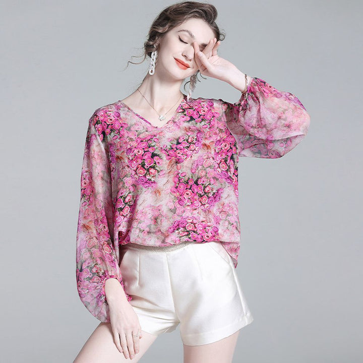 Rose Floral Flowing V-Neck Lightweight Long Sleeve Silk Blouse