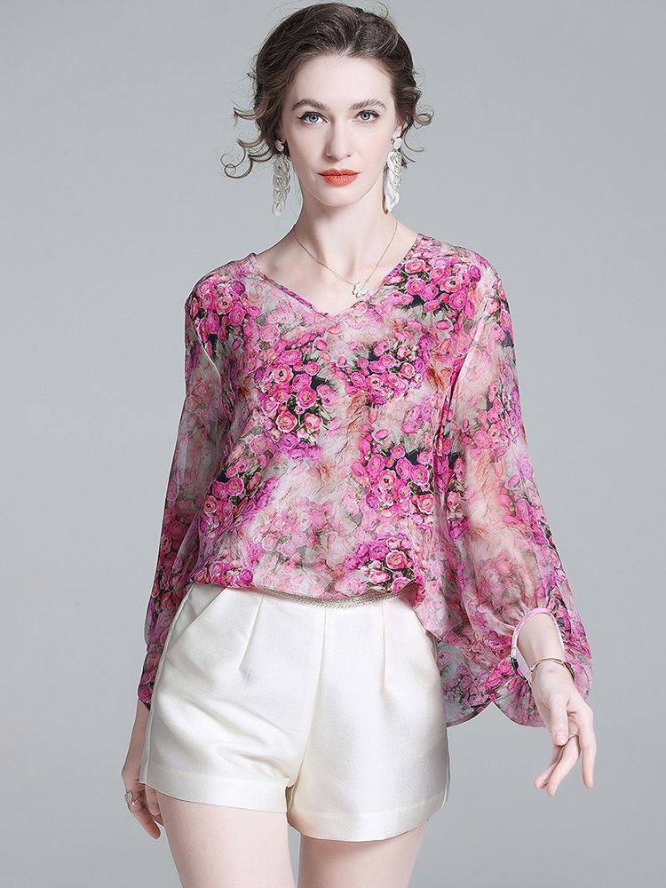 Rose Floral Flowing V-Neck Lightweight Long Sleeve Silk Blouse