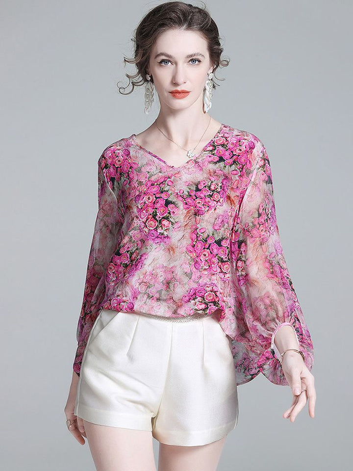 Rose Floral Flowing V-Neck Lightweight Long Sleeve Silk Blouse
