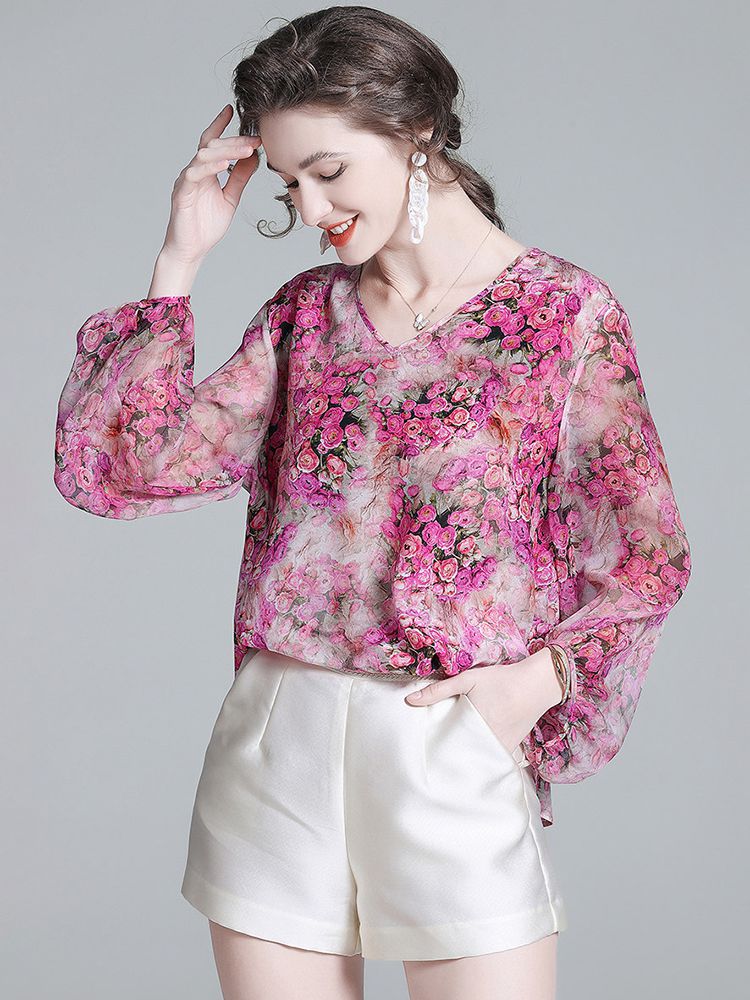Rose Floral Flowing V-Neck Lightweight Long Sleeve Silk Blouse