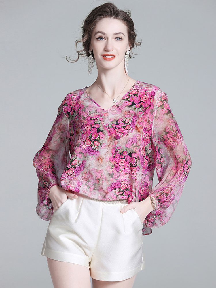 Rose Floral Flowing V-Neck Lightweight Long Sleeve Silk Blouse